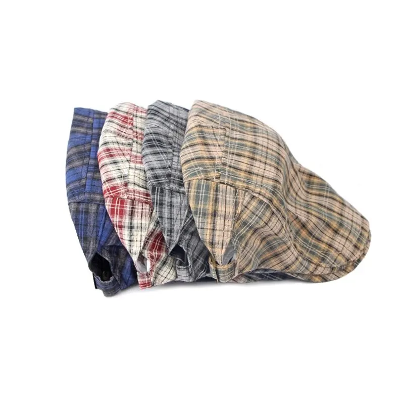 Casual Plaid Hats Men Berets Summer Herringbone Newsboy Cap Women Vintage Flat Ivy Hats Cotton Thin Golf Driving Cap Casquette