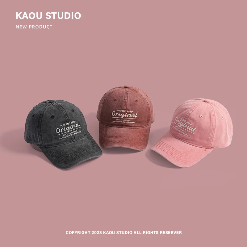 Retro Washed Letter Embroidery Pink Hats for Women Summer and Autumn New Sunscreen Casual Versatile Korean Baseball Caps