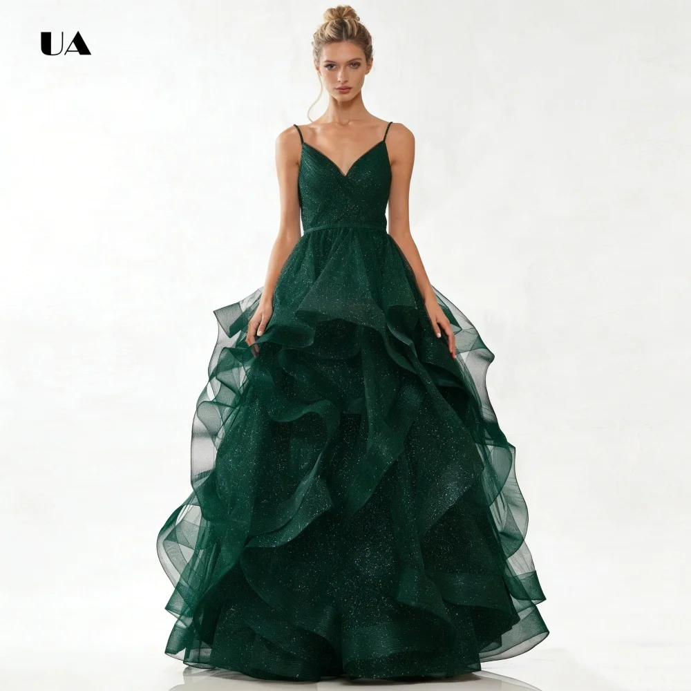 

Sparkly Tiered Organza Ball Gown with Spaghetti Straps, Solid V-neck Evening Dresses for Women, Simple Customized Party Gown