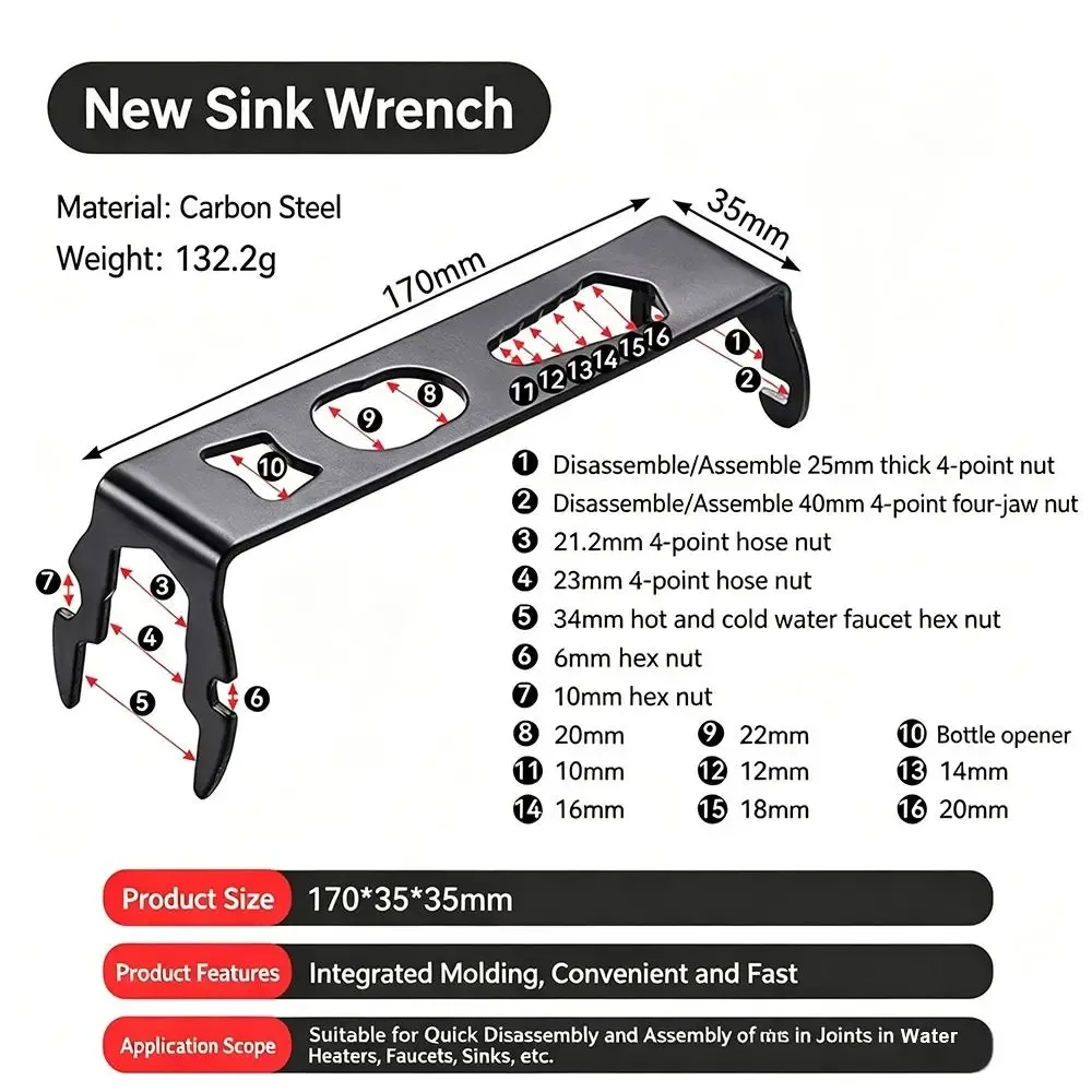 16-in-1 Universal Sink Wrench Multifunctional Faucet Spanner Plumbing Motorcycle Repair Tool for Bathroom Kitchen Hardware Tools - view 5