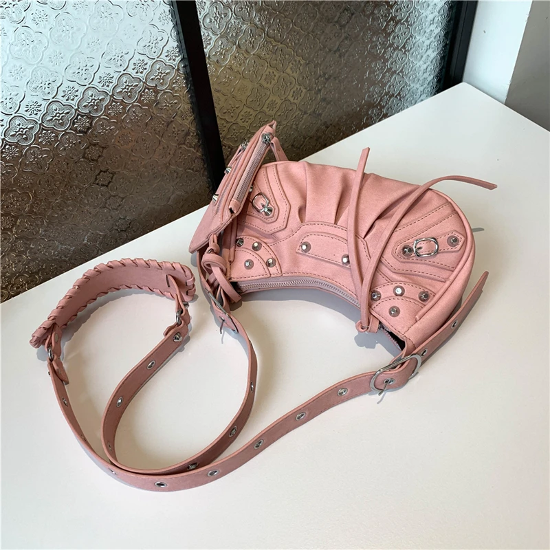 Stud Tassel Bag Bag Women's Crossbody Personality Hot Girl Motorcycle Bag Sheepskin Pattern 2024 New Trendy Cool Net Red Dark