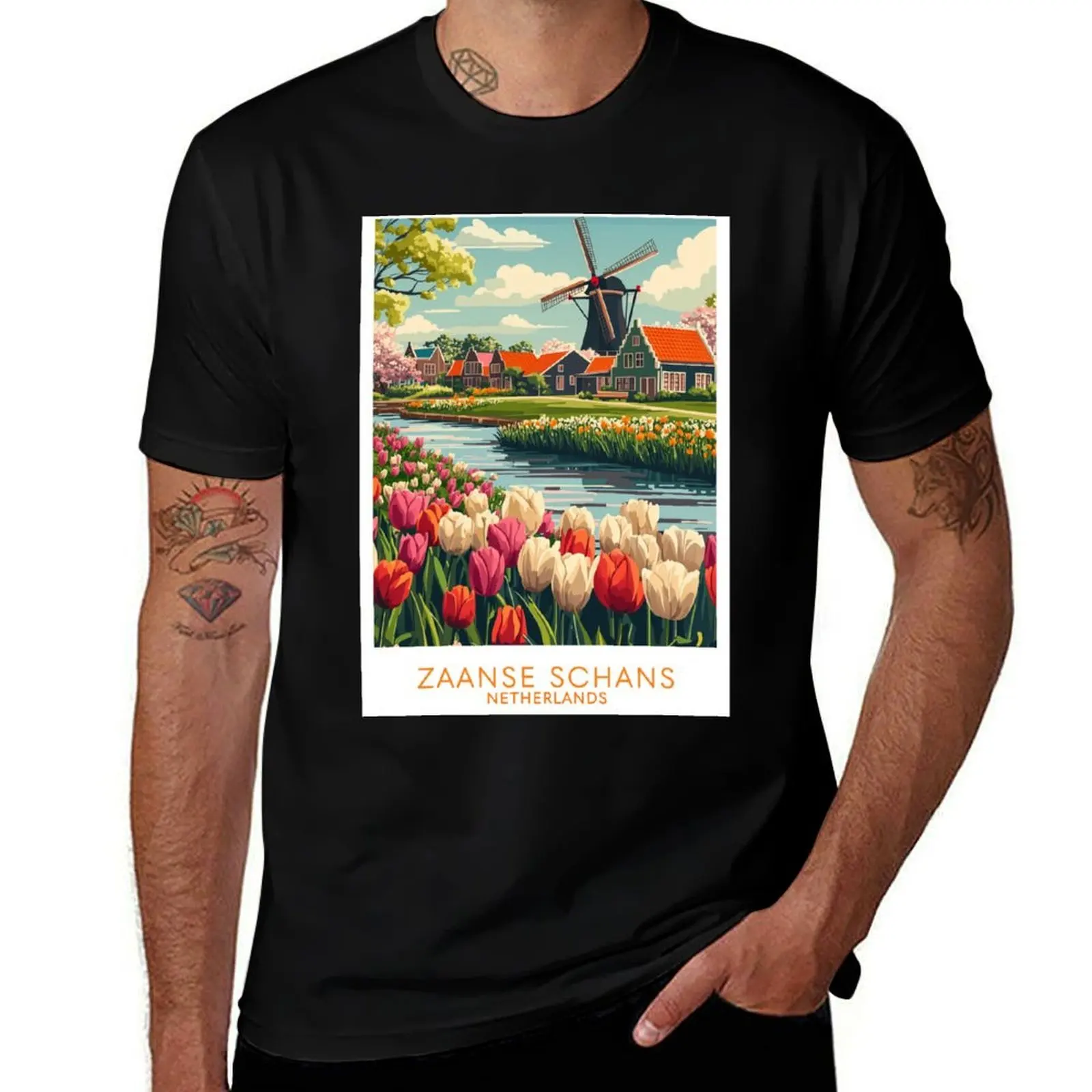Tulip Field Zaanse Schans Netherlands T-Shirt Stain Resistant Casual Tee T-Shirt