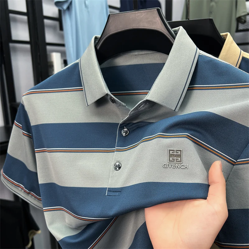 Light luxury striped color blocked short sleeve polo shirt brand symbol emboss high-end casual summer silky smooth men's T-shirt