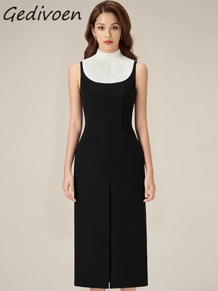 

Gedivoen Autumn Fashion Designer Vintage Hit Color Tank Dress Women's Stand Collar Sleeveless Pleated High Waist Slim Long Dress
