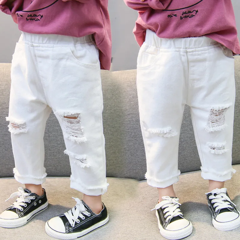 2024 Spring Autumn Baby Girls Ripped Jeans Children Kids Broken Hole Pants White Color Girls Elastic Waist Denim Pants