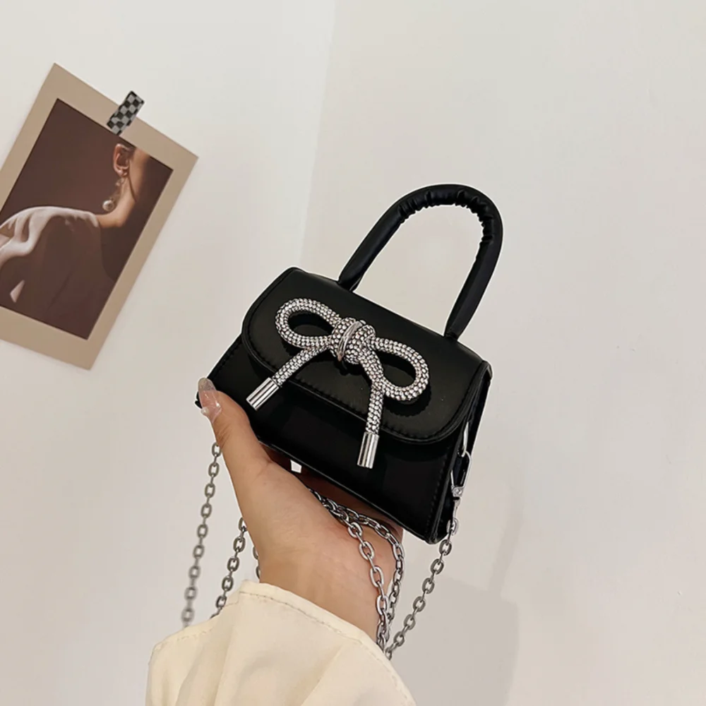 Stylish PU Women's Handbag with Chic Bowknot Design - Mini Square Bag with Chain Handle