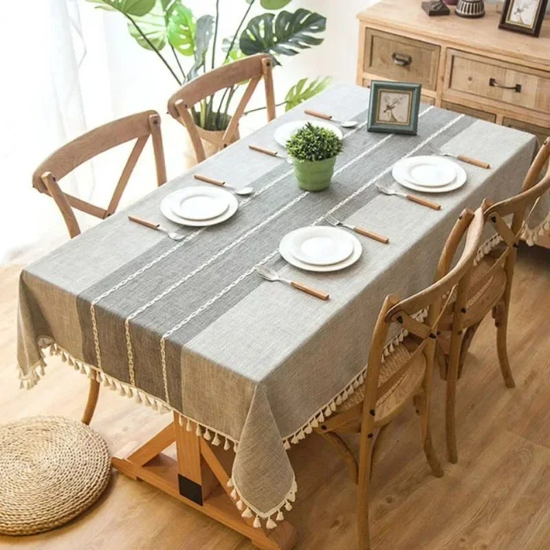 Cotton Linen Tablecloths, Wrinkle Free Anti-Fading Table Cloth, Tassel Rectangle Indoor & Outdoor Dining Table Cover