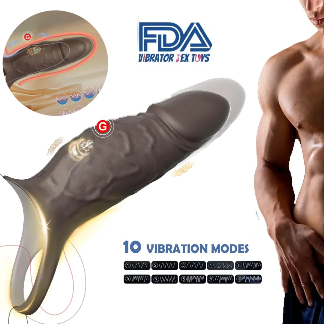 Vibrating Penis Sleeve Cock Ring All Liquid Silicone Couples Adult Sex Toys for Men Women Penis Extender Vibrator Girth Enhancer