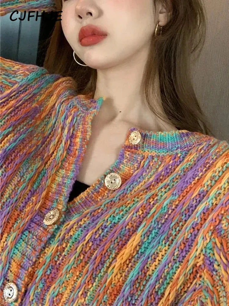 CJFHJE Women\'s Rainbow Color Cardigan with Buttons Autumn Winter Korean Fashion Long Sleeve Knit Cardigan Women Loose Sweaters