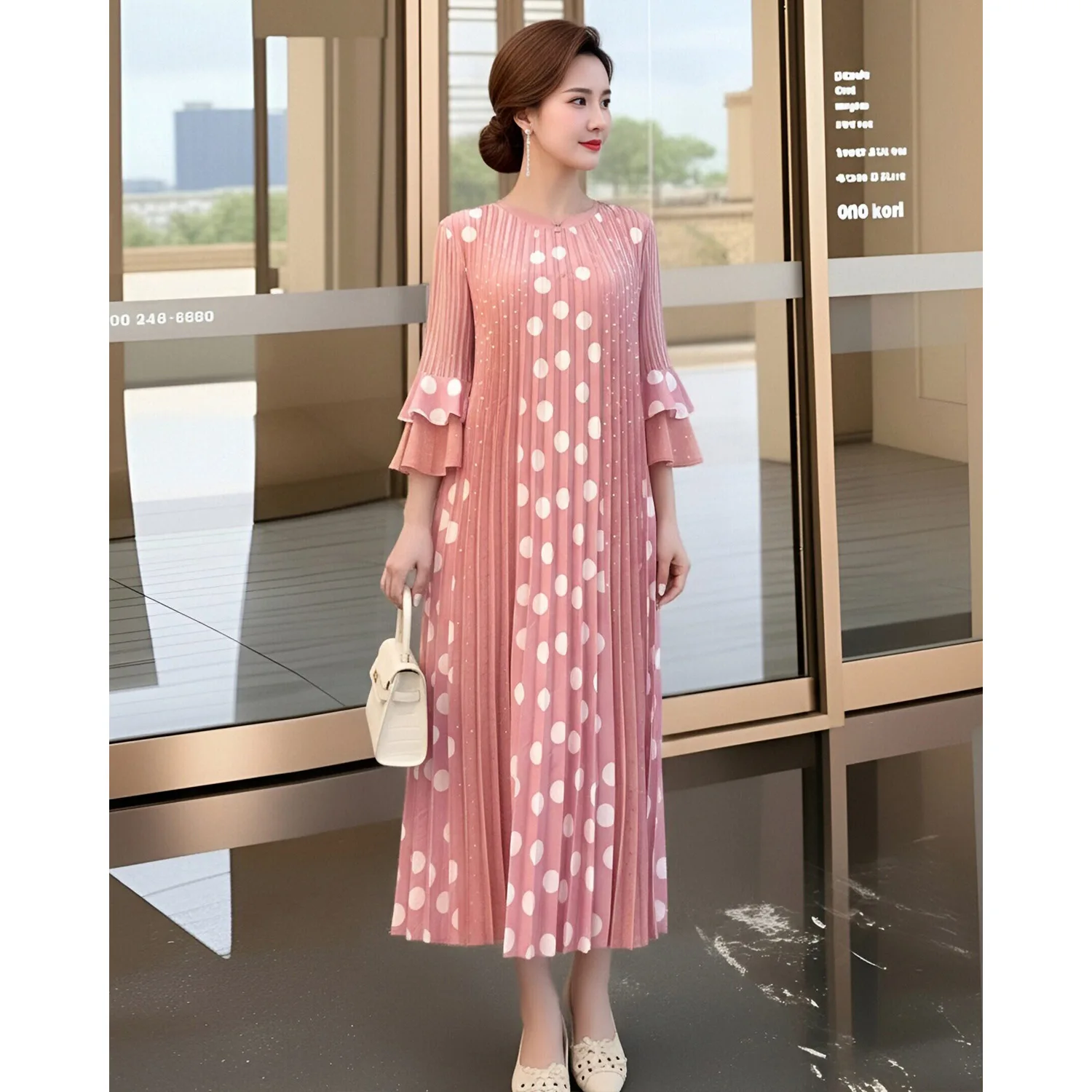 

Miyake White Polka Dot Pleated Women's Dress Round Neck Three-quarter Sleeves A-line Casual Tatting Dresses Spring New 2DB7117