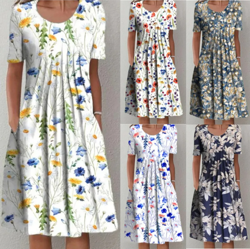Nuovo 2025 Manica corta da donna Stampa floreale Abiti vintage O-Collo Abbigliamento estivo femminile Elegante abito longuette ampio altalena