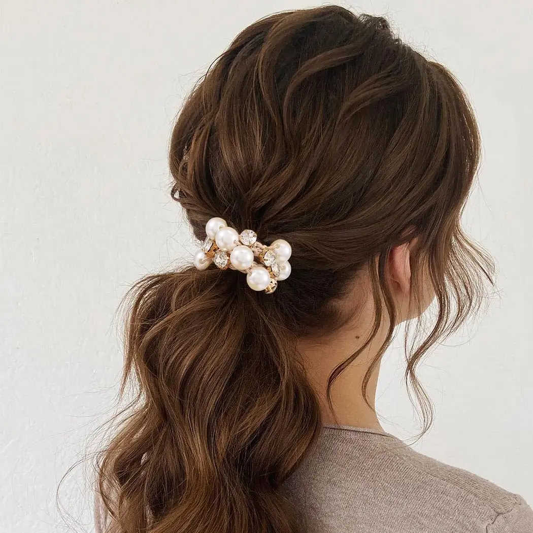 ربطات شعر لؤلؤية، حوامل ذيل حصان مرنة سوداء، ربطات شعر كريستالية للنساء والفتيات #5