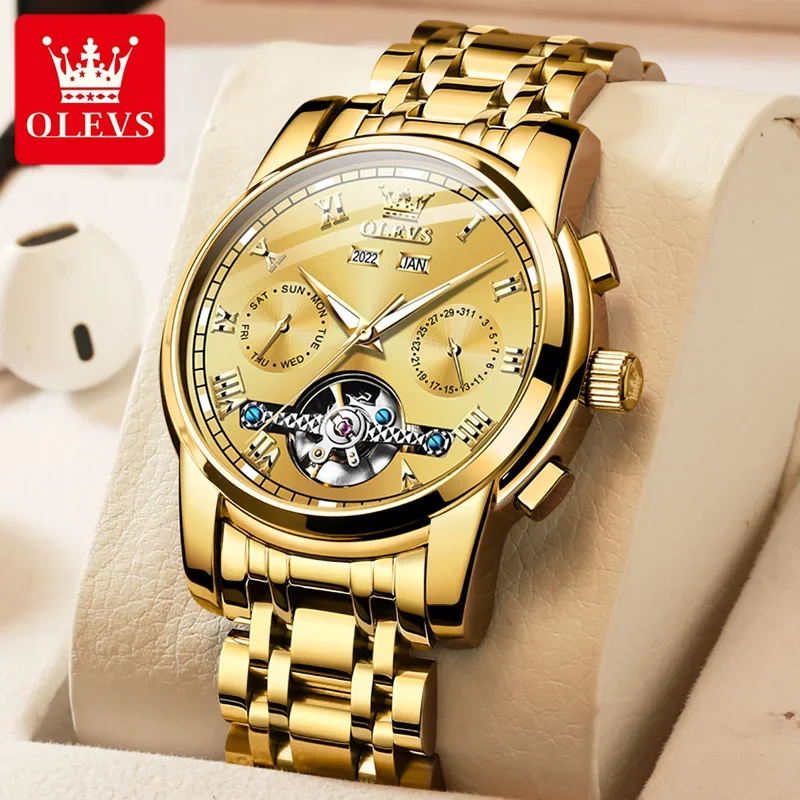 Olevs 6607 luxury gold mechanical watch men fashion stainless steel strap waterproof calendar business men\'s watc