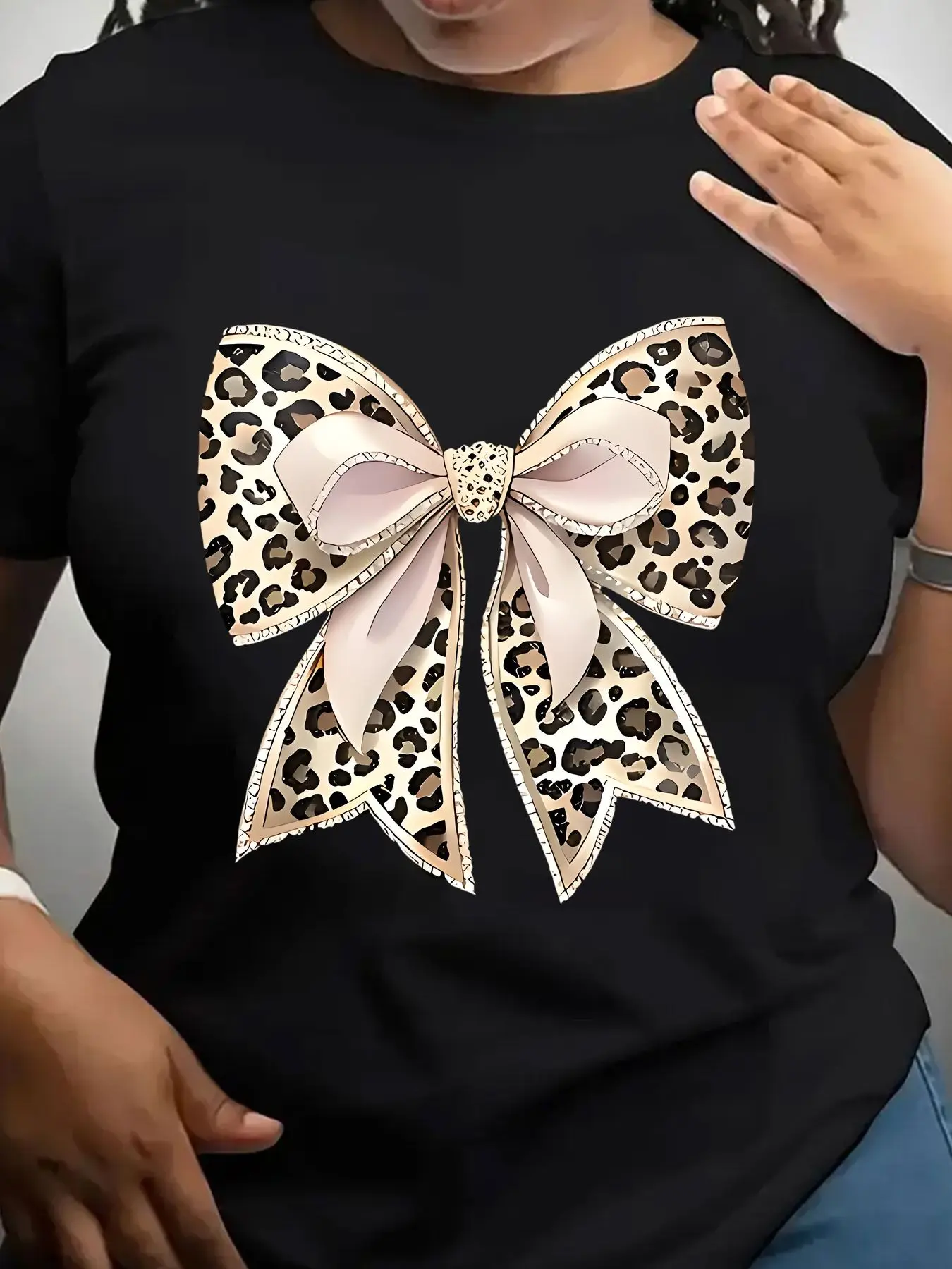 Trendy Women's Leopard Print Bow Neck T-Shirt