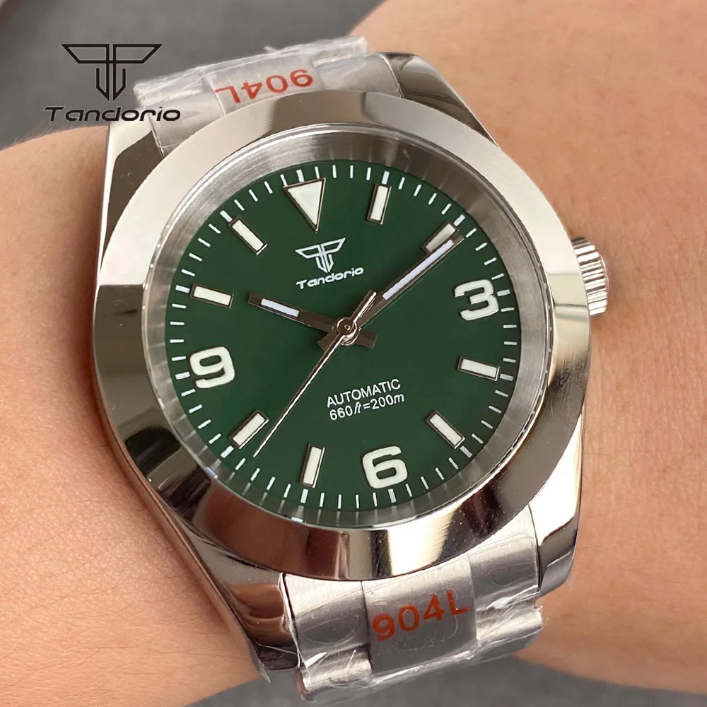 Tandorio Stainless Steel Automatic Watch Mechanical NH35 PT5000 36mm/39mm Men's Wristwatch Sapphire Glide Lock Clasp Green Lume