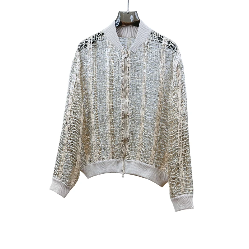 24 Sequin cut-out knit 75% linen 25% silk top quality cardigan  casacos femininos  casaco la  abrigos invierno mujer