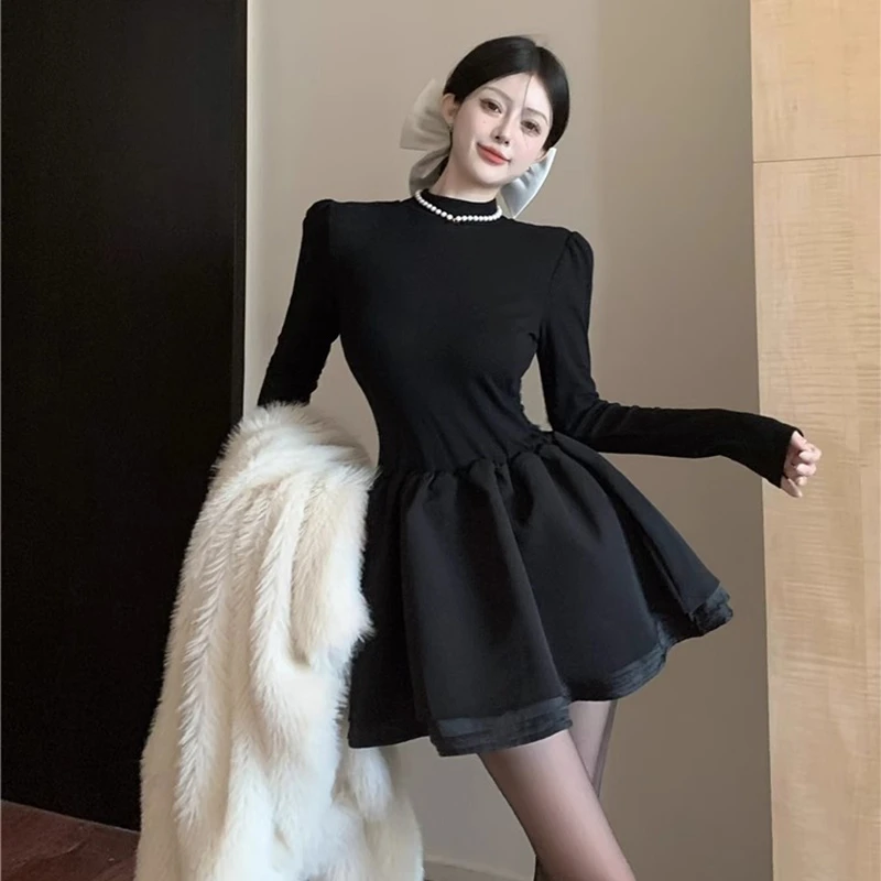 

Women Socialite Evening Banquet Dress Lady Fashion Vintage Cinderella Dress Female Elegant Versatile Black Long Sleeved Dress