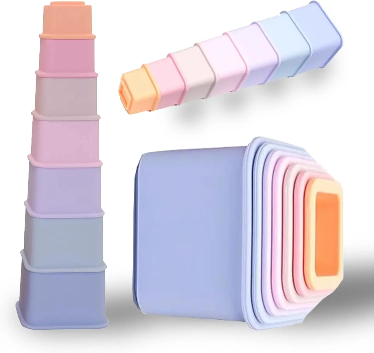 

Baby Stacking Cups Set of 7 - Square Silicon Nesting Cups - Baby Montessori Toys Motor Skills Stackable Blocks - Sorting Teethin