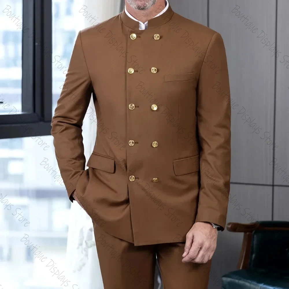 

Brown Stand Collar Double Breasted Men Suits 2 Pieces Groom Formal Office Male Set (Blazer+Pants)