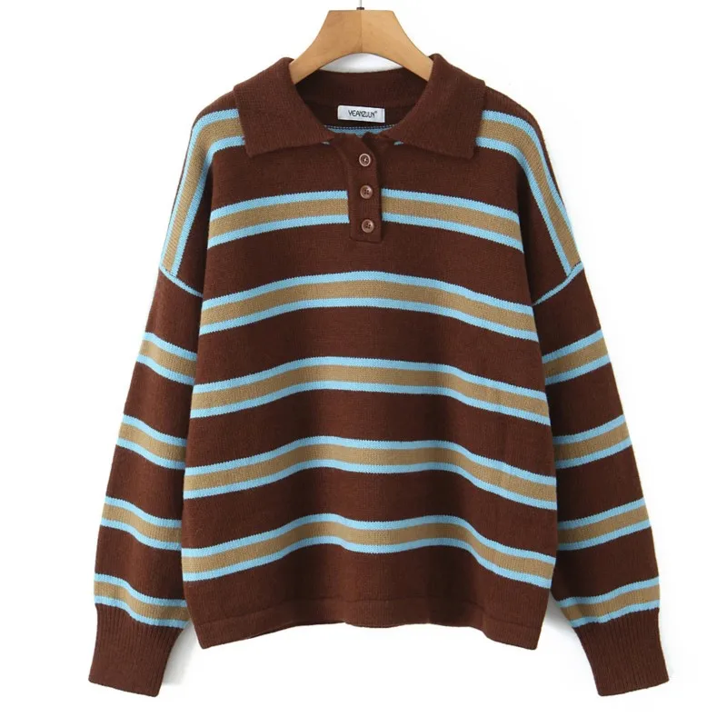 

Long-Sleeve Color-Blocked Striped Knit Top Soft Casual Outfits 2025 Autumn Women's Korean-Style Retro Polo Collar Sweater