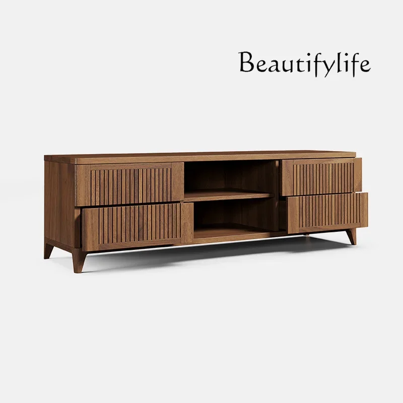 

Black Walnut Grid TV Cabinet 2M Oak Bedroom Floor Cabinet Japanese Simple Locker