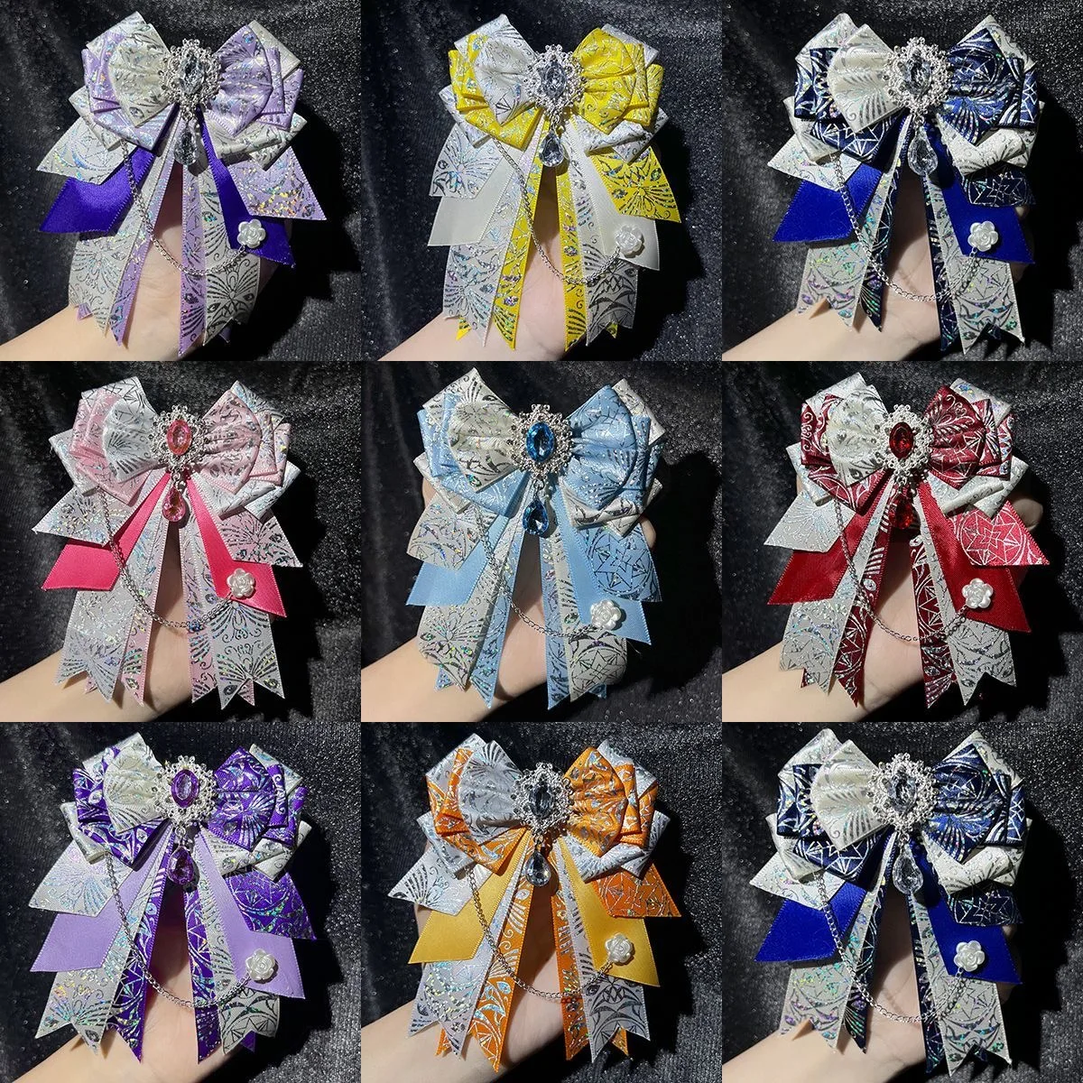 1 broche de lazo lindo, 8 colores, con cadena e incrustaciones de gemas, producto terminado hecho a mano, para cosplay de anime y lolita, Comic Con, decoración de anime, broche decorativo para bolsos y mochilas