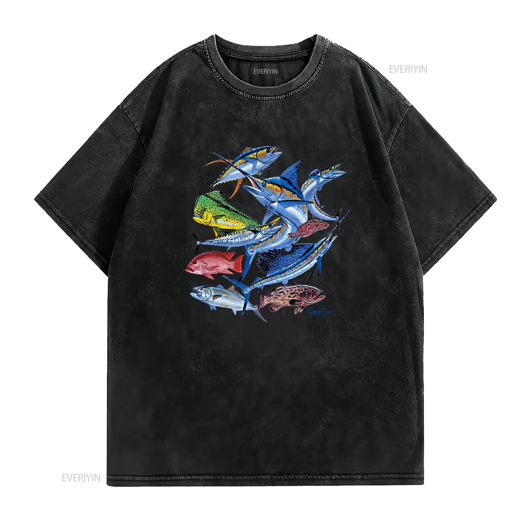 Mens Saltwater Fish Collage Marlin Tuna Swordfish Mahi Fishing Fisherman T Shirt vintage Washed Stretched Soft designer clothes