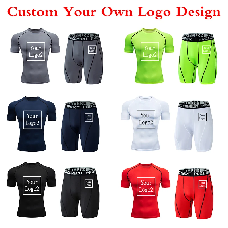 Men Custom Logo Set Compression Quick Drying Short Sleeve Short Pant Sport 2 Sets