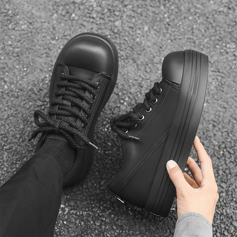 Hight Quality Spring New Teenagers Street Style Flat Sneakers For Men's Solid Black Daily Casual Dress Height Increasing Shoes