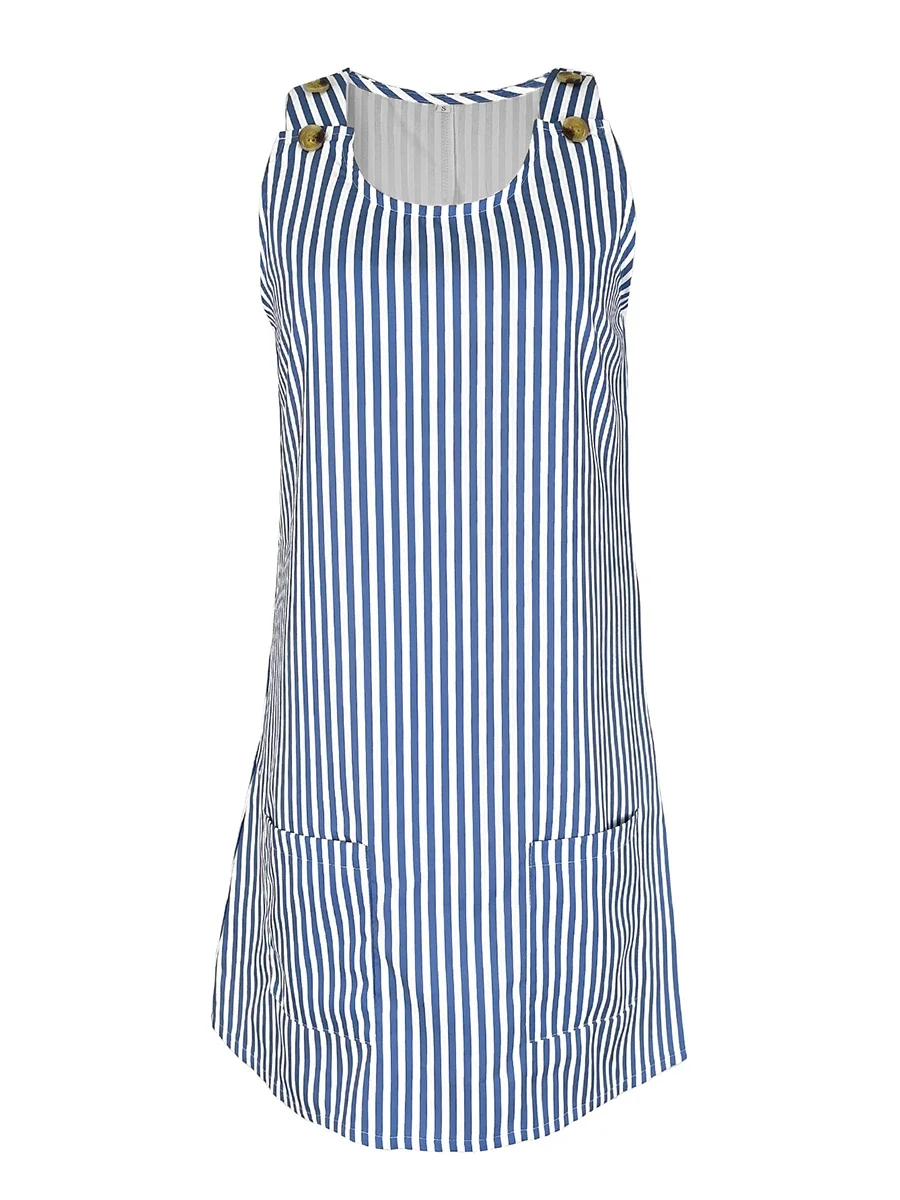 Neues Damen-Sommerkleid, gestreift, ärmellos, Mini-Länge, lässig, locker geschnitten, Tanktop-Design, mit Taschen, Rundhalsausschnitt, Knopfleiste, ideal für Strand, Urlaub und Partys. – Detail 2