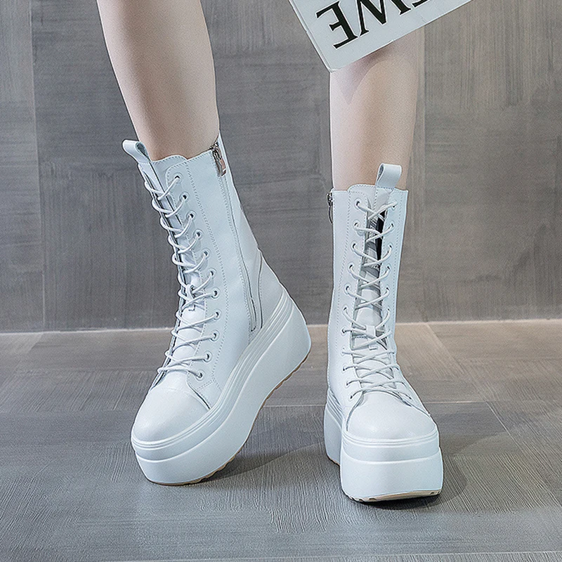 Women\'s Mid-Calf Boots 2025 Autumn Winter Genuine Leather Platform Boots Women Shoes Thick Sole Ladies Warm Plush Winter Boot