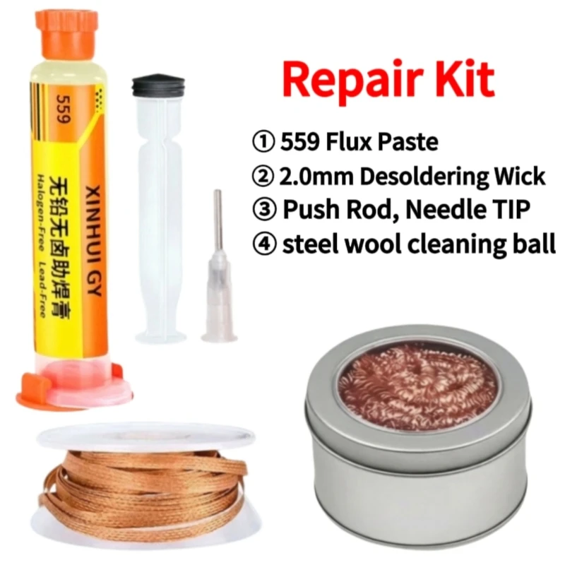 3-in-1 Desoldering Braid Kit Solder Wick+NC-559 Flux Paste +Steel Cleaning Ball For Electronic PCB Component Repair Rework Tool