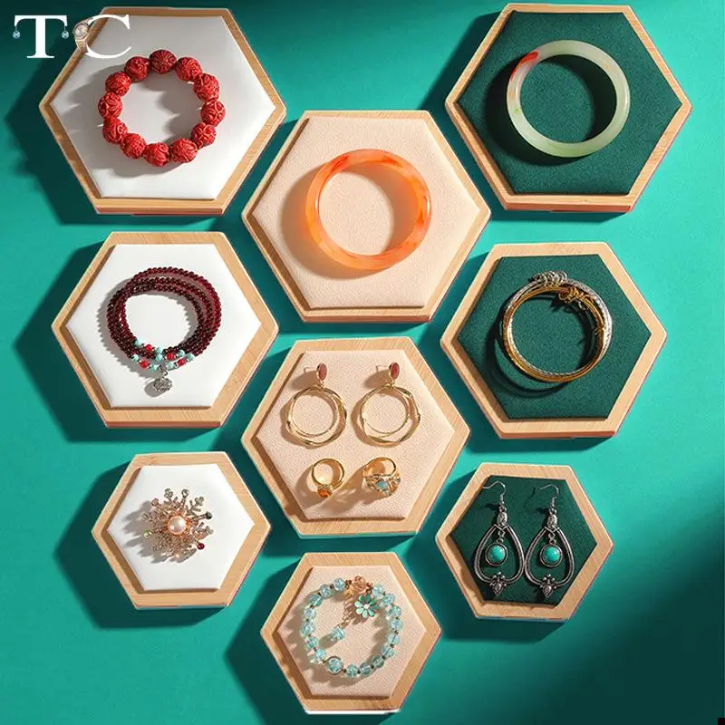 Bamboo and Wood Velvet Hexagonal Jewelry Display Tray Ring Earrings Necklace Pendant Bracelet Storage Display Tray