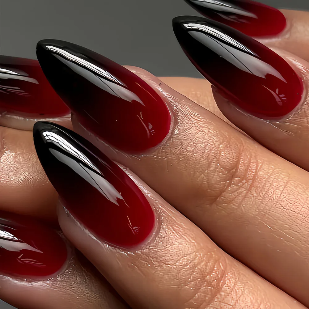 Mittellange künstliche Nägel für Frauen und Mädchen, modische Farbverlauf-Nagelspitzen in Lila, Grün, Blau, Rot, Schwarz, French Style, Mandelform, zum Aufkleben, künstliche Nagelkunst