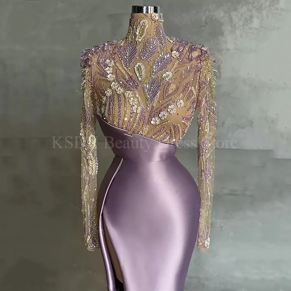 Exquisite Long Sleeve Prom Dresses Beading Appliques Mermaid High Side Split Floor Length Evening Gowns Special Party Occasions