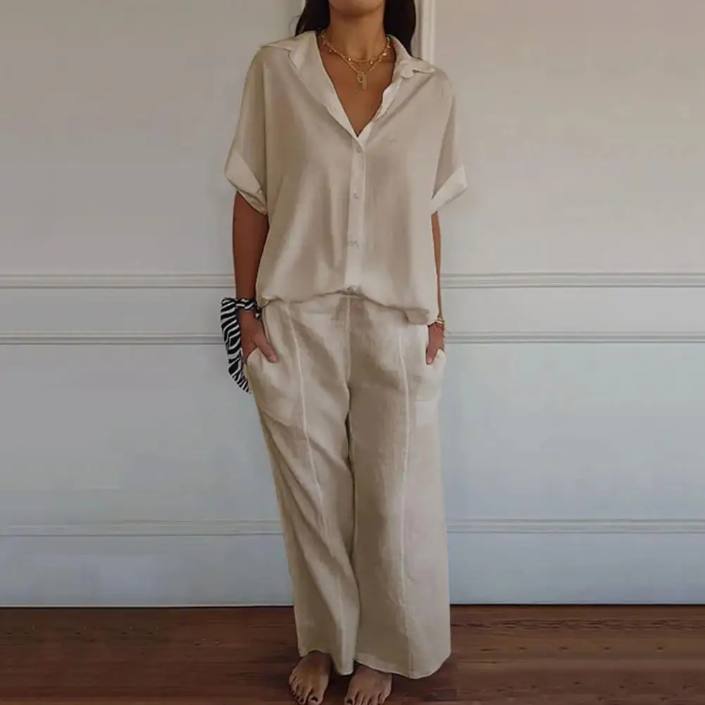 Casual Two-piece Set Women's Solid Color Shirt Pants Set with Turn-down Collar Short Sleeve Top Wide Leg Elastic for Commute