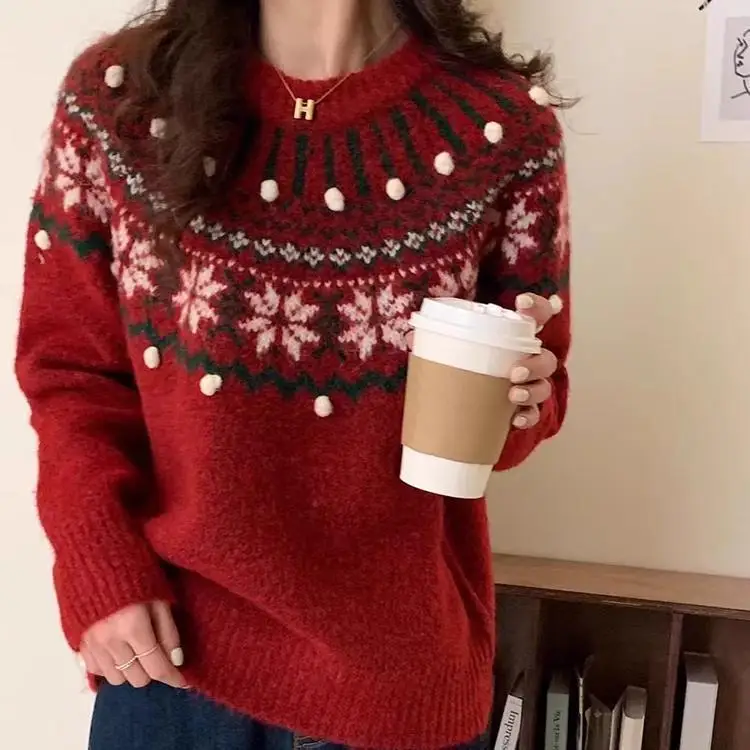 

Vintage Jacquard Christmas New Year Red Knitted Sweater Women's Hoodie Loose Autumn/Winter Thick Soft Sticky Knitted Top 2025