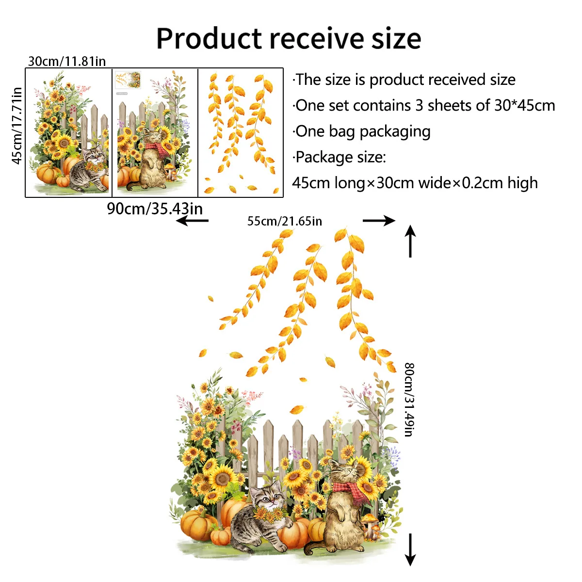 3pcs Golden Leaves Sunflower Kitten Glass Stickers Double Sided Visual Wall Stickers Window Glass Wall Stickers Wallpaper Ct8036