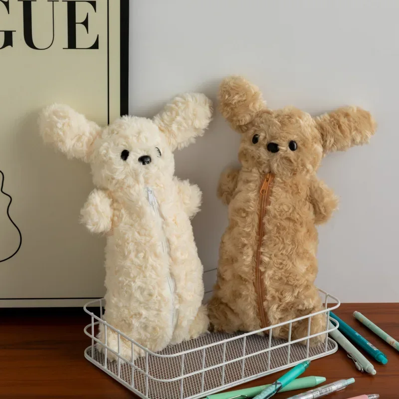 Creatieve pluche teddy etui schattige puppy zachte potloodzakken grote capaciteit pennenzak student meisje opbergtas stationaire benodigdheden