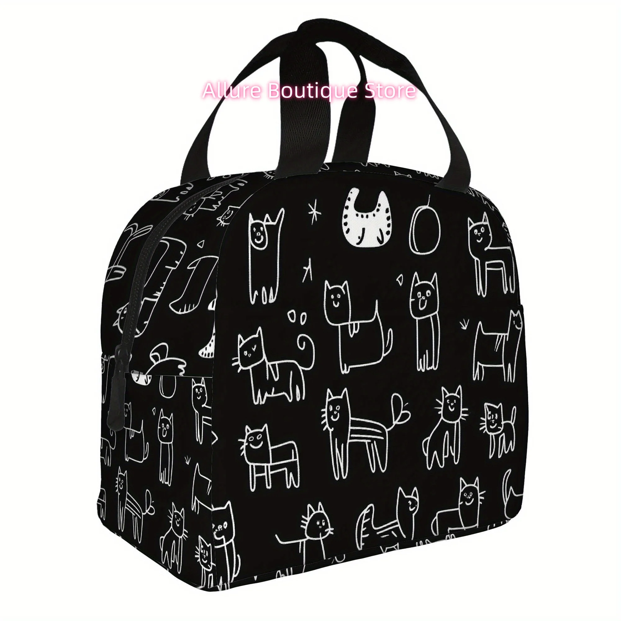 1pc Thermal Insulated Bag with Cute Cat Pattern - Black Background, Non-Food Contact Thermal Insulation for Hot/Cold Storage, Po