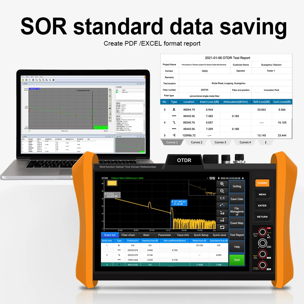 8-Inch OTDR Optical Fiber Network Cable Test PDF Report Event Map UTP RJ45 TDR cable test Gigabit SFP optical fiber module port