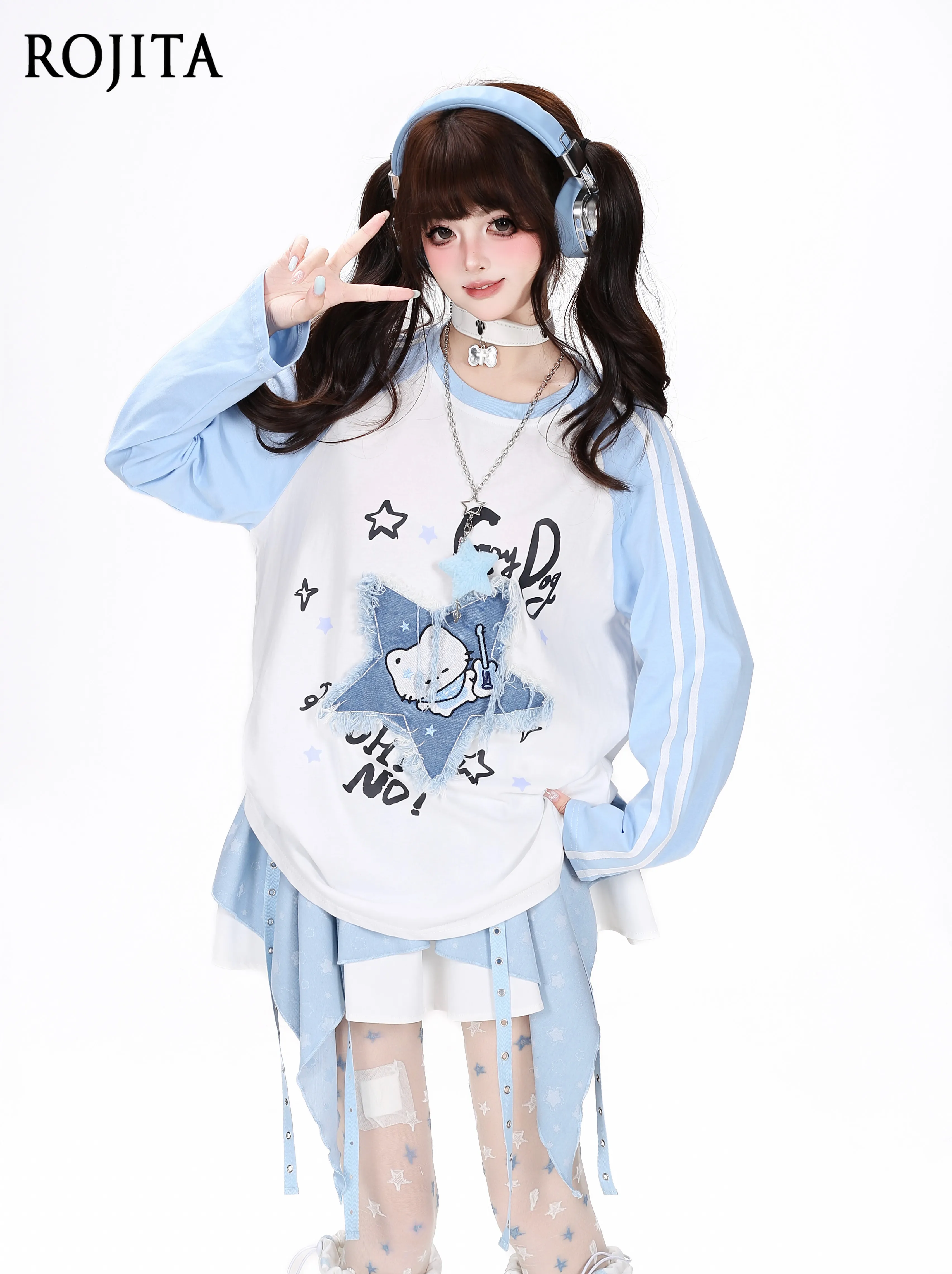Y2K Kawaii Cartoon Puppy Denim Star Patch Raglan Long Sleeve Top Women Blue White Stripe Oversized Casual Tee