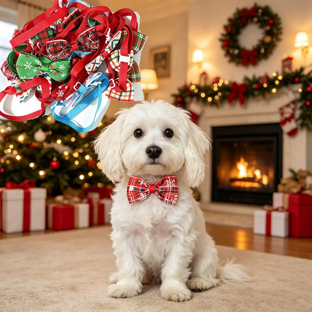 10 PCS Color in Random Christmas Bow Ties for Dogs Christmas Dogs Collar Adjustable Cat Bowties Set Santa Claus Xmas Tree Puppy