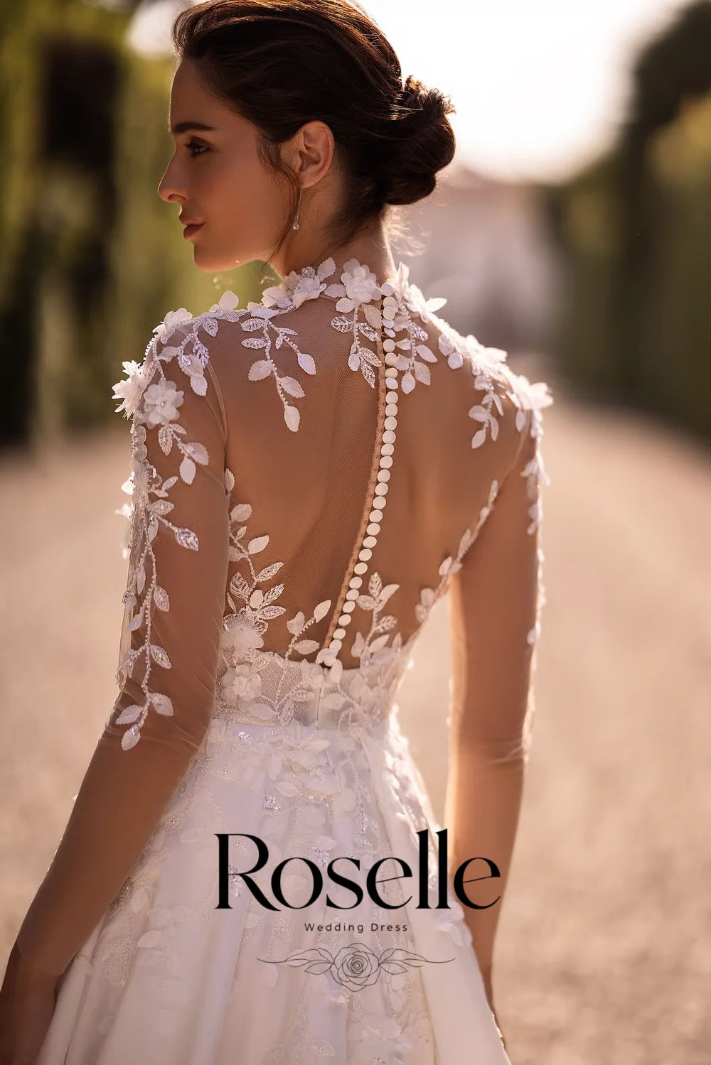 ROSELLE Lace Illusion High Neck Sweetheart A-Line Wedding Dress Tulle Long Sleeve High Slit Bridal Customized свадебное платье