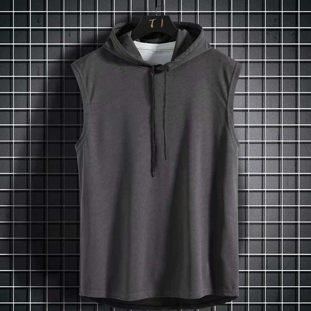 Treino com capuz topos masculino sem mangas ginásio hoodies musculação t camisa cinza escuro l 3xl poliéster preto/branco/cinza escuro