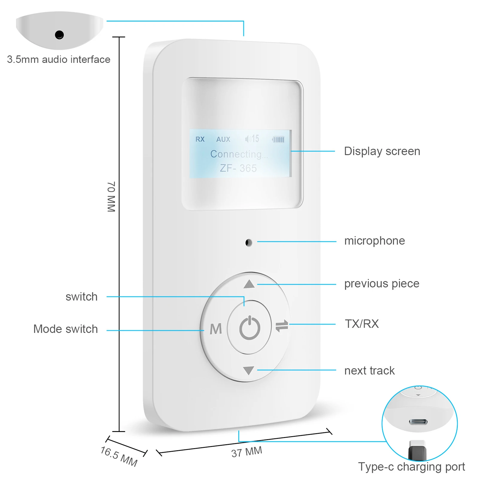 Bluetooth-compatible 5.0 Receiver Transmitter with 3.5mm Aux Jack Type-C Charging Port for Simultaneous Connection of 2 Devices