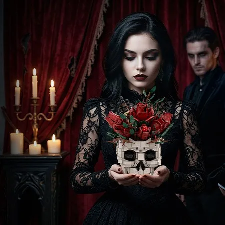 Idea Gothic Baustein Rote Rose Skelett Spielzeug Schädel Blumentopf Konstruktionsbaustein Schreibtisch-Deko Modell-Sets Sammlerstücke für Geschenke – Detail 3