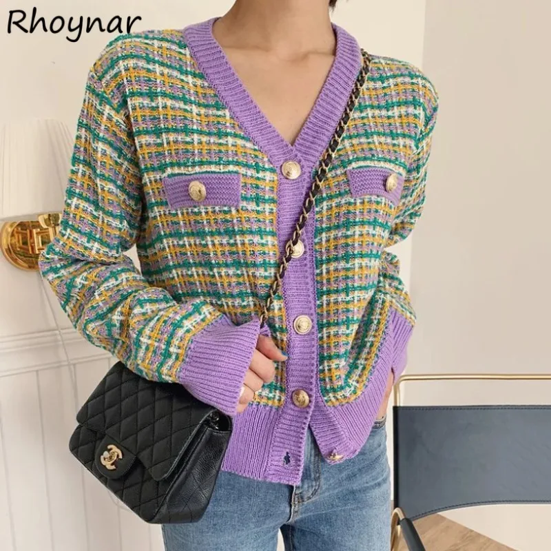

Cropped Cardigan Women Plaid Panelled Sweaters Elegant S-3XL Warm Vintage Knitwear Preppy Knitting Outerwear Tender Jumper Fall