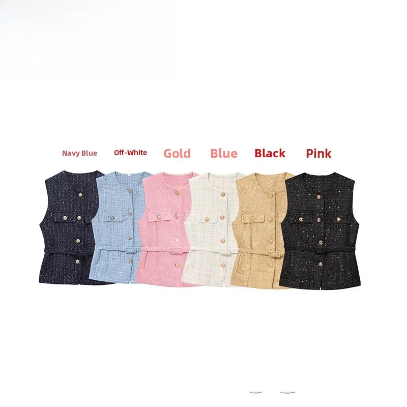 

ZBZA Spring New Women's Faion Design Texture Vest with Belt Commute Sle round Ne No Sve Pure Color ort Coat