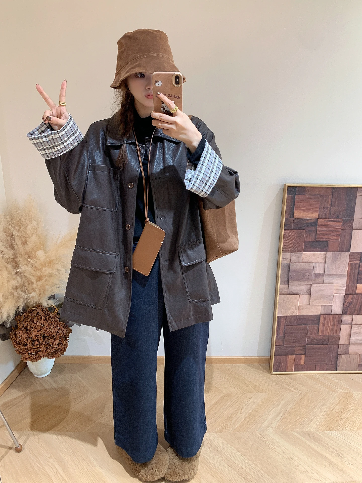 Cappotto Lungo da Donna in Pelle PU con Motivo a Quadri Retrò Coreano di Alta Qualità, Nuova Collezione Autunno Inverno